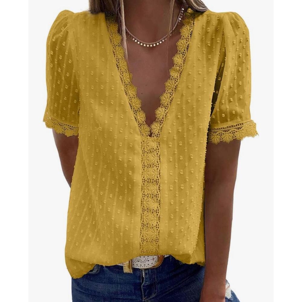 FARYSAYS Womens Summer Lace Tops Short Sleeve V Neck Polka Dot Blouses Shirts M